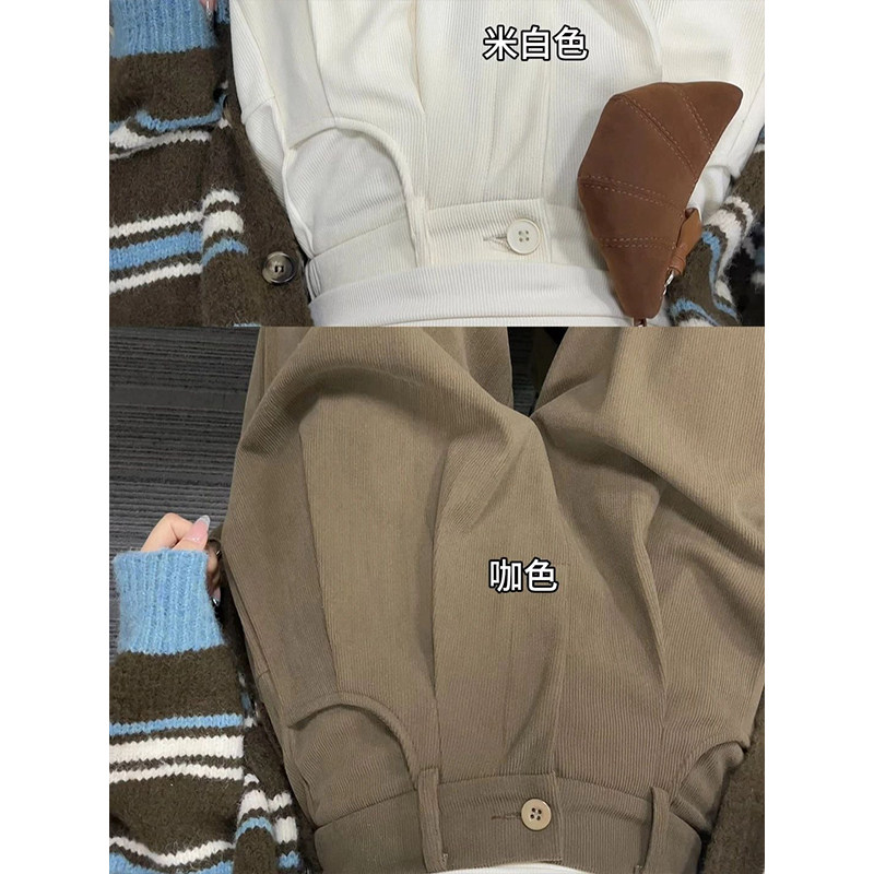 咖啡色加绒加厚灯芯绒西装阔腿裤