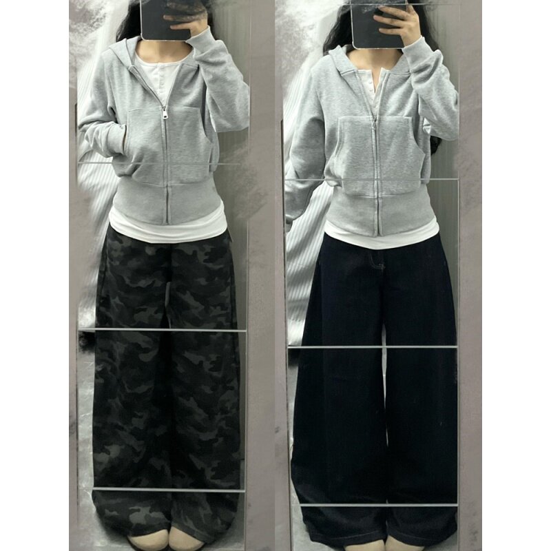 灰色短款卫衣外套女秋冬季2026新款连帽拉链正肩修身加绒加厚上衣