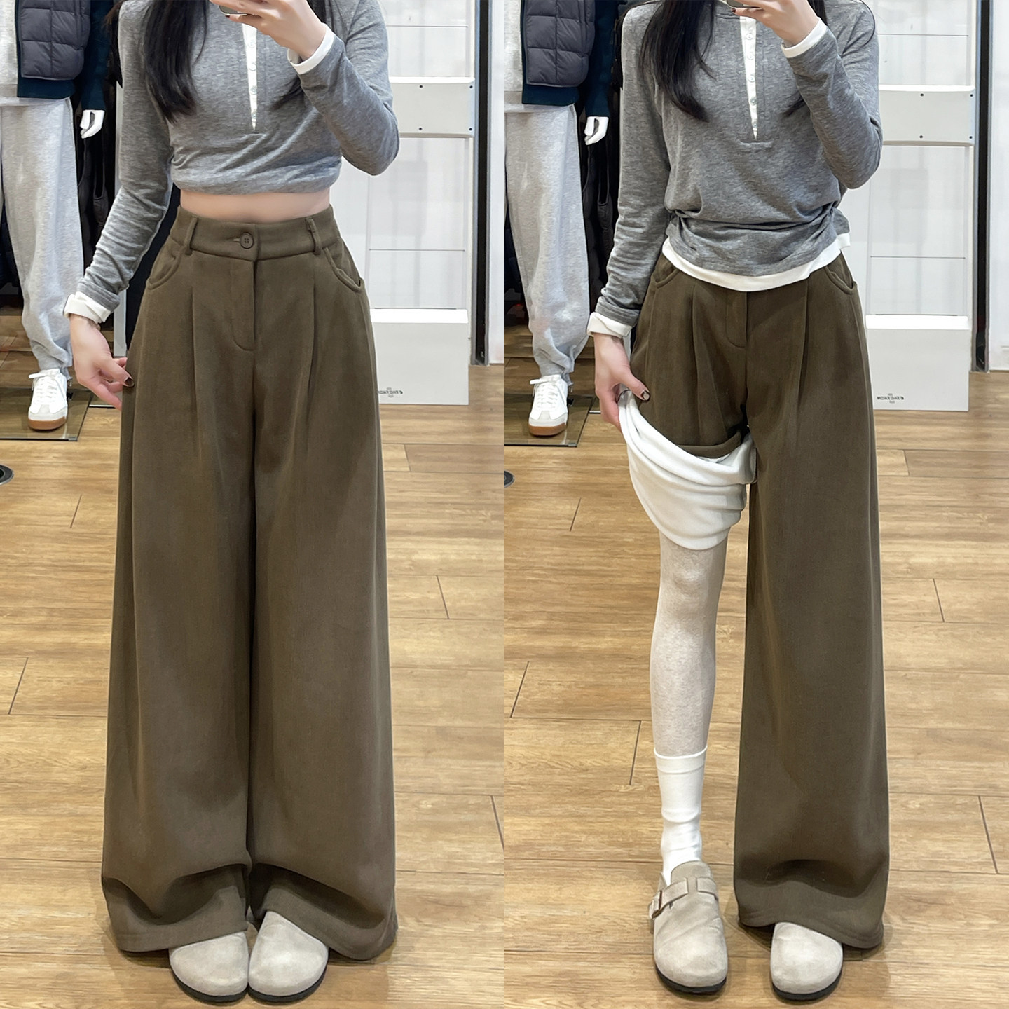 咖啡色灯芯绒垂感慵懒风西装裤子