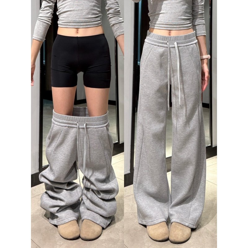 浅灰色运动裤女秋冬季加绒高腰垂感休闲宽松直筒加厚窄版阔腿卫裤