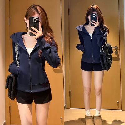 藏青色修身外套短款连帽开衫卫衣