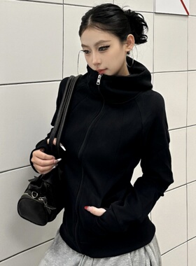 美式黑色卫衣女春秋季新款穿搭修身运动瑜伽上衣连帽拉链开衫外套