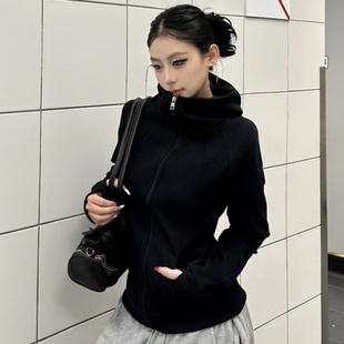 美式黑色卫衣女春秋季新款穿搭修身运动瑜伽上衣连帽拉链开衫外套