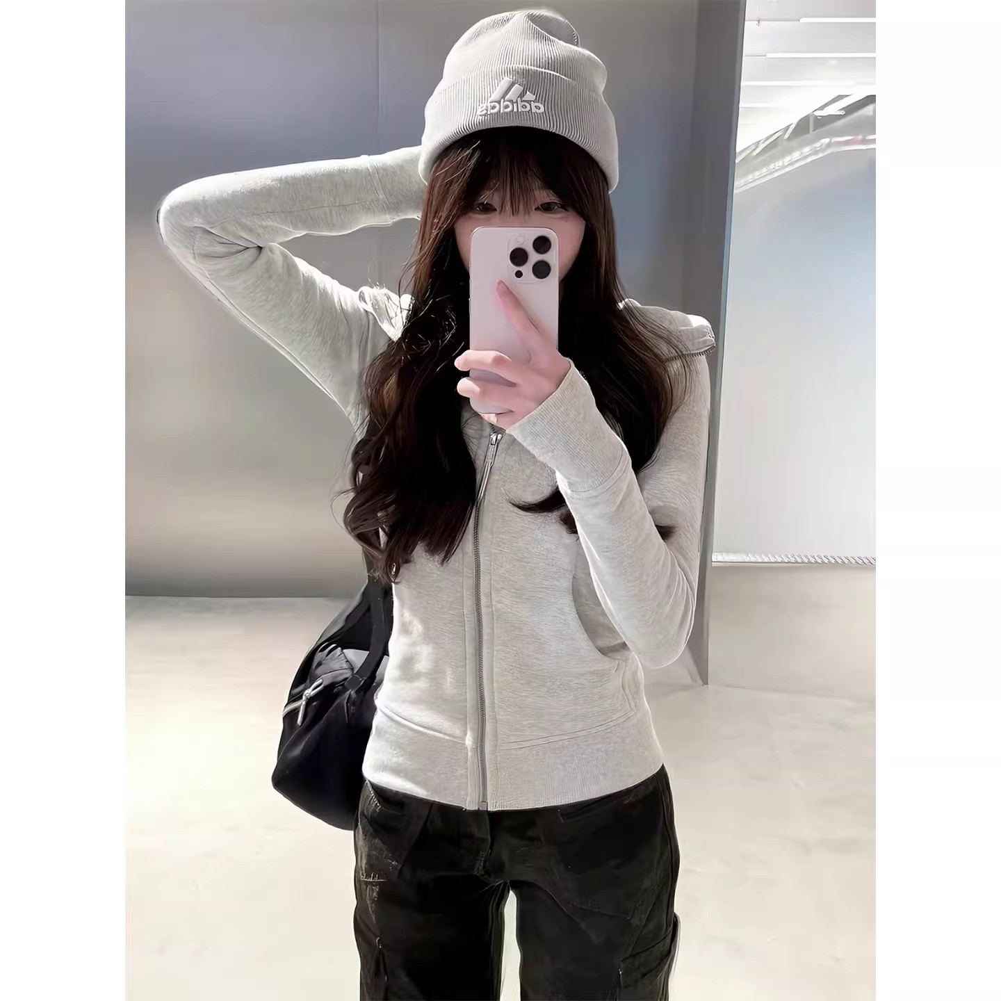 浅灰色外套女秋冬季美式韩系穿搭连帽卫衣小个子休闲拉链开衫上衣