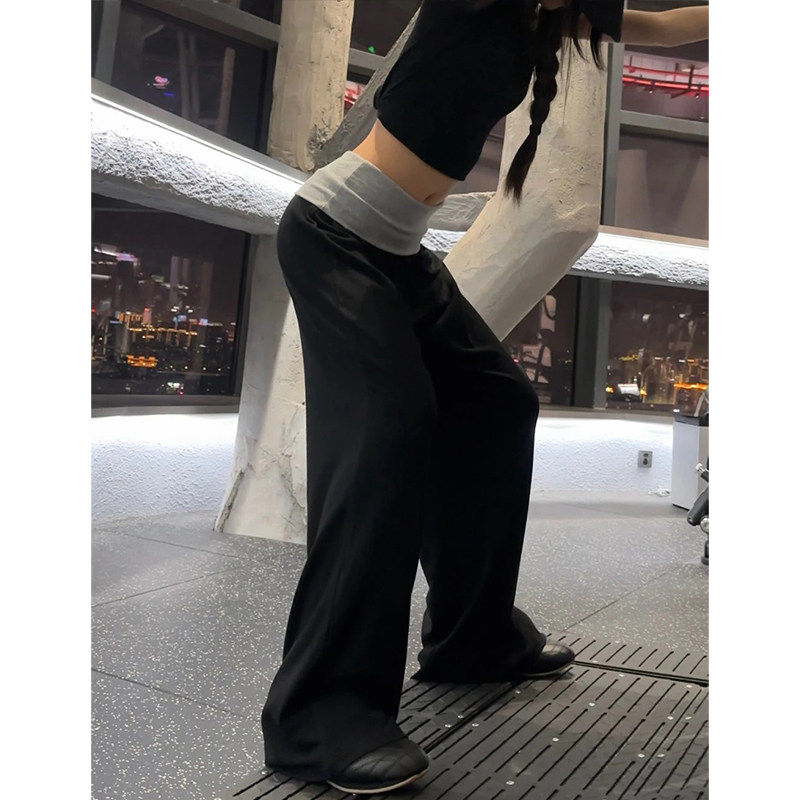 黑色拼接翻腰阔腿裤女夏季薄款高腰垂感显瘦宽松小个子拖地运动裤