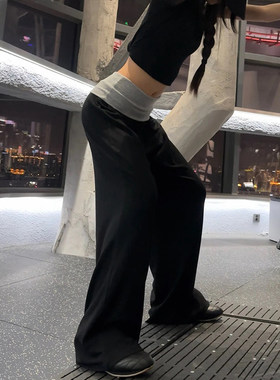 黑色拼接翻腰阔腿裤女夏季薄款高腰垂感显瘦宽松小个子拖地运动裤