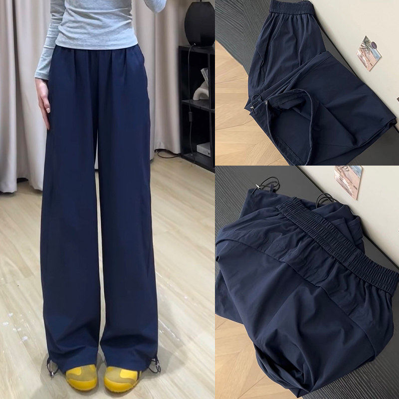 藏青色美式工装裤女夏季薄款高腰垂感小个子阔腿裤速干休闲运动裤
