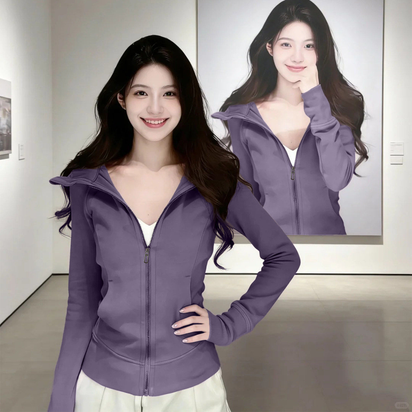 美式紫色修身卫衣女冬季拉链连帽正肩外套加绒韩系穿搭掐收腰上衣