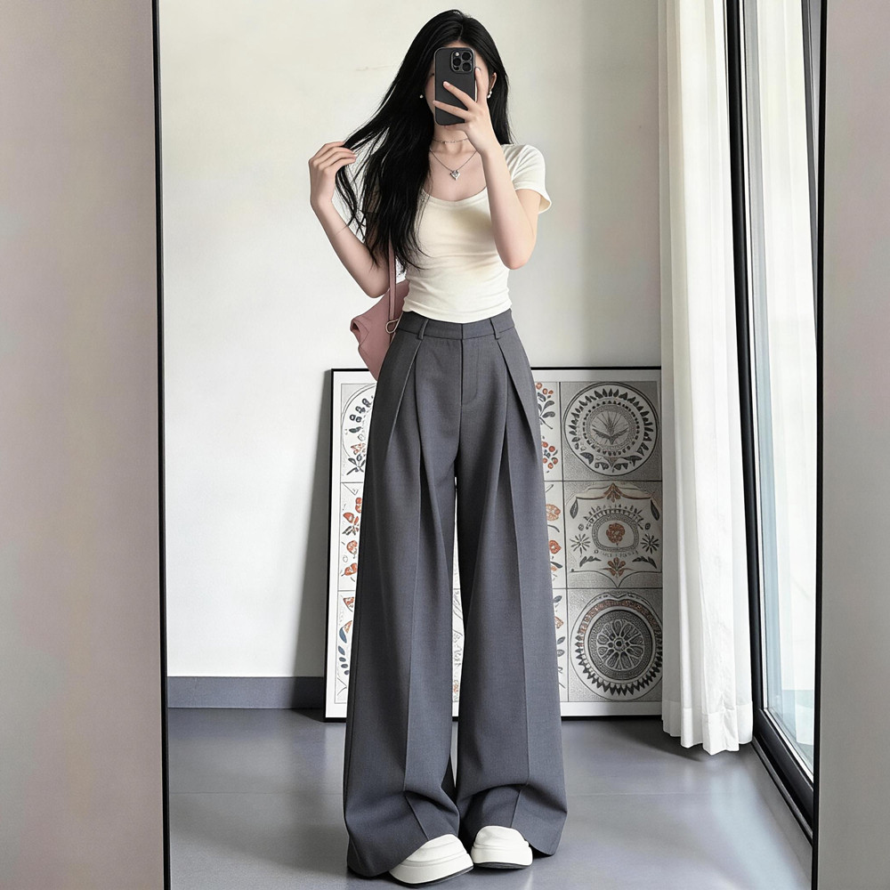 美式灰色高级感褶皱西装裤女夏季高腰显瘦宽松休闲垂感拖地阔腿裤