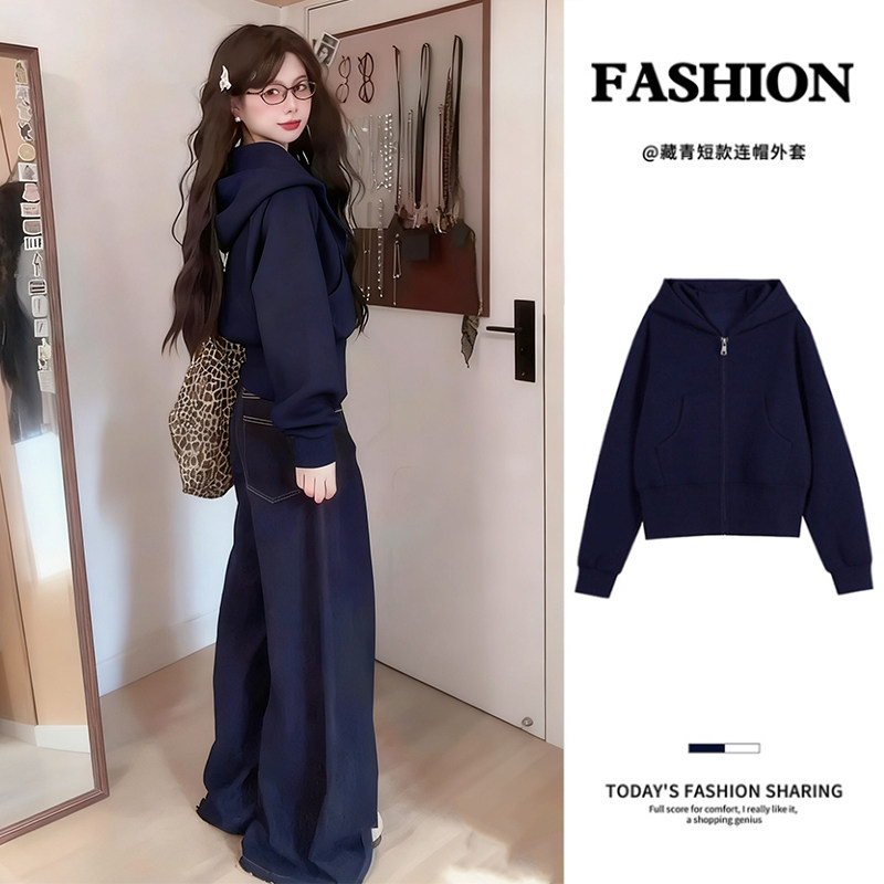 美式藏蓝色短款正肩连帽卫衣外套女冬季加绒韩系穿搭修身开衫上衣