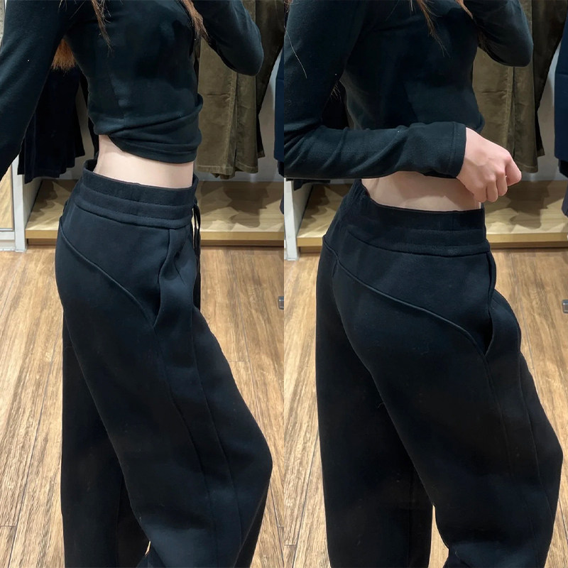 黑色运动裤女秋冬季高腰垂感宽松慵懒阔腿裤窄版显瘦休闲直筒卫裤