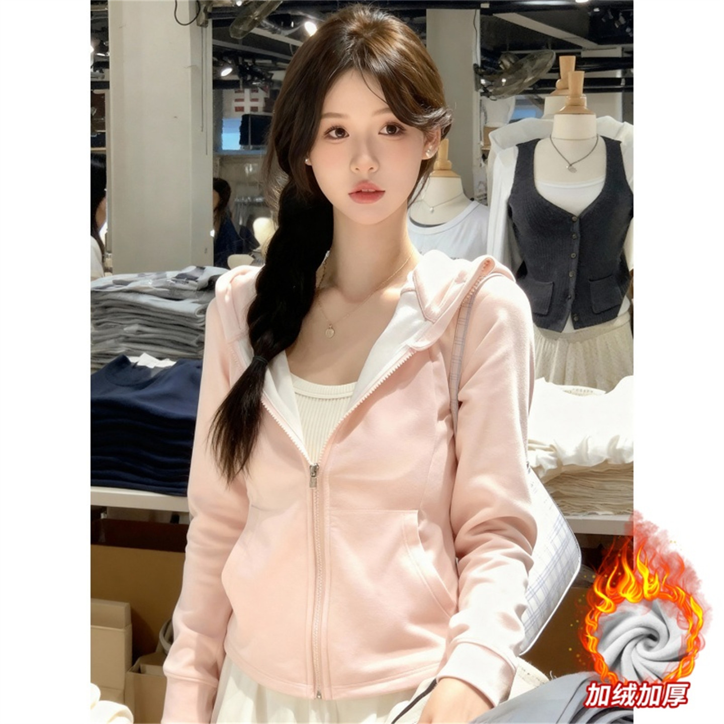 粉色拉链连帽卫衣女秋季新款高级感显瘦百搭外套美式运动收腰上衣