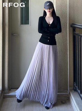 紫色仙女雪纺长裙女夏季休闲高腰宽松温柔风百褶小个子a字半身裙