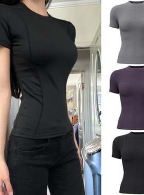 黑色运动瑜伽短袖女夏季透气速干上衣健身跑步普拉提正肩修身T恤