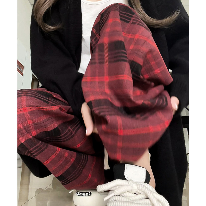红色加绒格子裤女秋冬季高腰垂感休闲窄版拖地裤慵懒风直筒阔腿裤