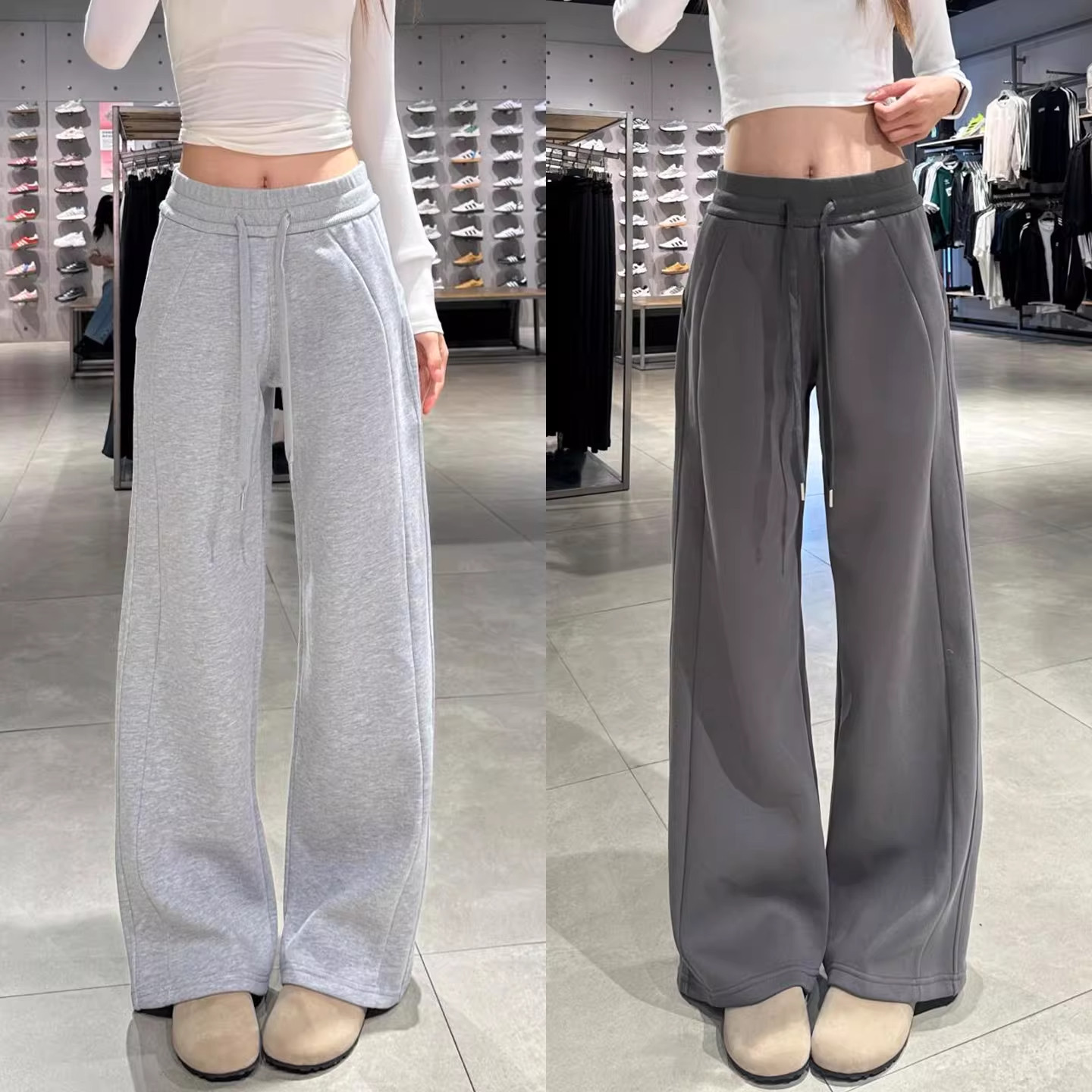 美式灰色加绒卫裤女秋冬季高腰垂感窄版显瘦直筒裤运动休闲阔腿裤