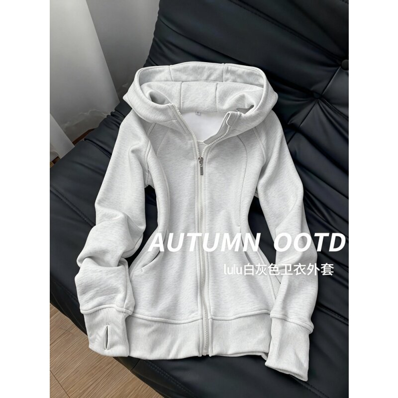白灰色修身收腰卫衣外套女款夏季韩系穿搭正肩紧身上衣显瘦瑜伽服