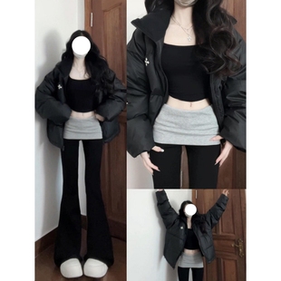 翻边低腰辣妹微喇叭裤子女秋冬加绒显瘦垂感撞色休闲瑜伽阔腿卫裤