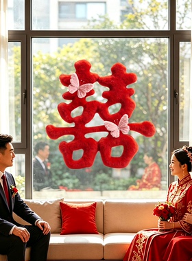 红色毛绒双囍字窗花玻璃贴纸立体蝴蝶静电贴结婚装饰用品无痕窗贴