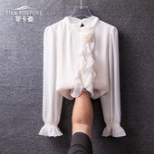 衬衣打底衫 法式 新款 甜美气质长袖 玫瑰花荷叶边雪纺衬衫 女2025春季