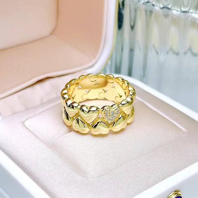 18K黄金莫桑石微镶爱心镂空戒指时尚轻奢气质温柔设计感小众纯银