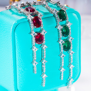 AU750白金莫桑石满钻红宝石排钻项链纯银绿钻锁骨链小众礼服晚宴