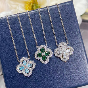 PT950铂金莫桑石花型项链轻奢满钻白钻四叶草绿钻同款耳钉气质女