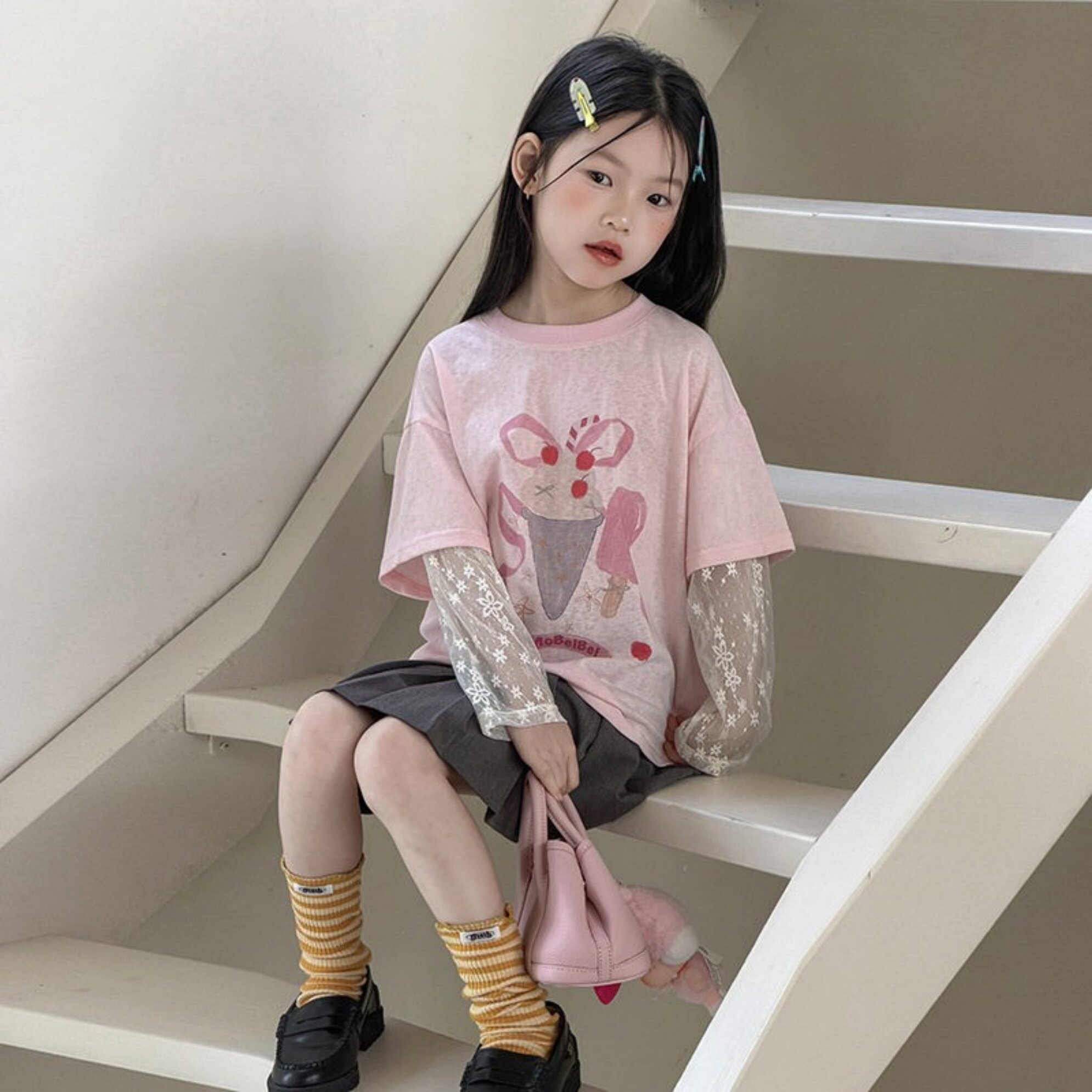 女童纯棉软儒温柔甜美假两件T恤