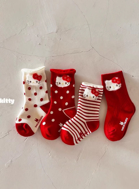 伊卡兔YKT秋冬过年红色袜本命年可爱卡通立体KT猫波点条纹袜韩系