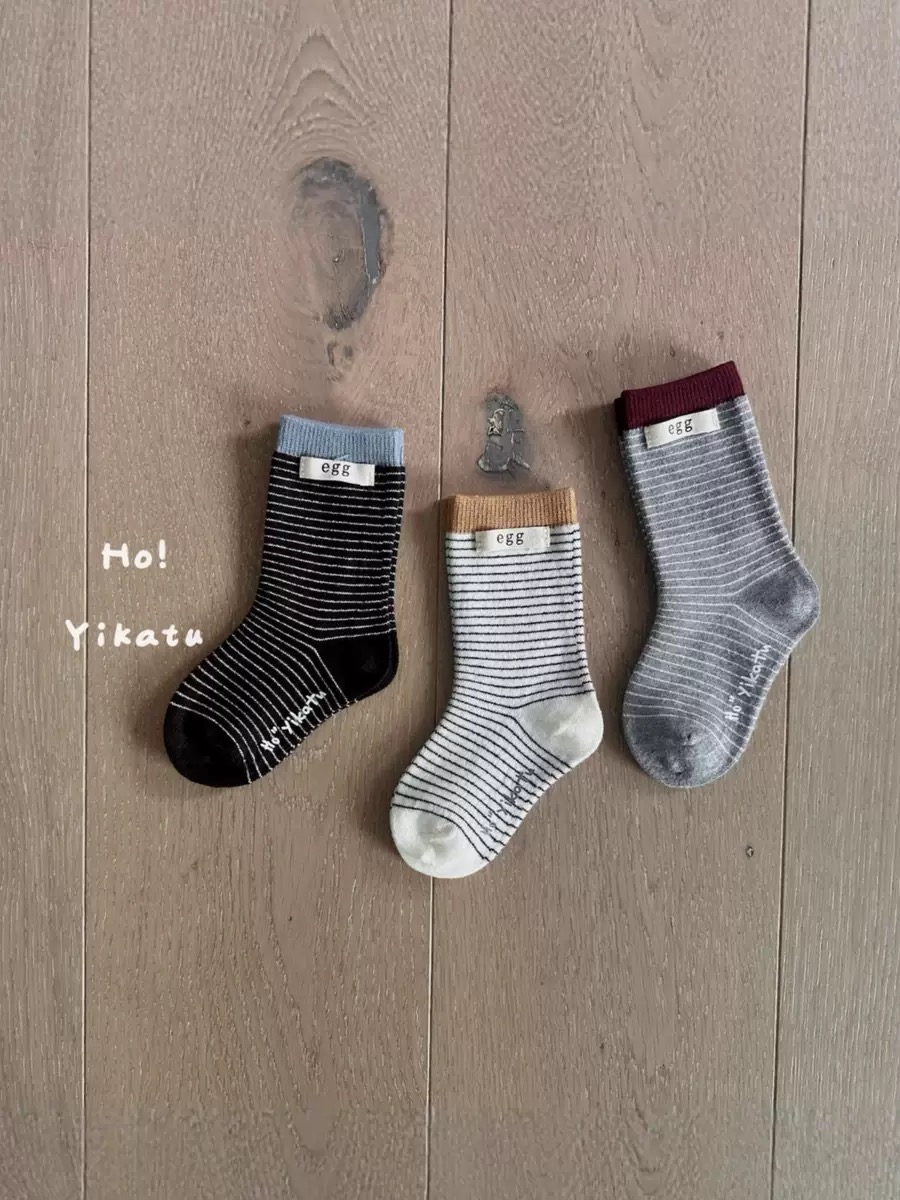 儿童羊毛袜伊卡兔童袜秋冬韩系细条纹百搭撞色加厚保暖中性款8186