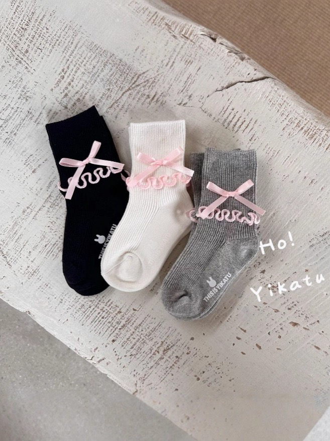 Yikatu伊卡兔儿童袜子2025秋冬款新款粉色木耳边蝴蝶结公主袜8115
