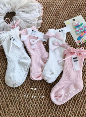 伊卡兔正品儿童袜子2025秋款新款粉色系多蝴蝶结中筒公主花边8145