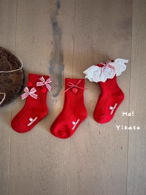 儿童红色袜子YKT伊卡兔童袜秋冬新款草莓铃铛花边红色系年袜8187