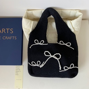 托特包 含羊毛针织 lucky shoppee韩国时髦单品珍珠蝴蝶结手拎包