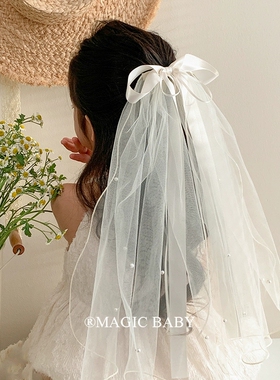 头纱婚纱头饰领证拍照道具蝴蝶结新娘生日可爱简约订婚求婚蓬蓬纱