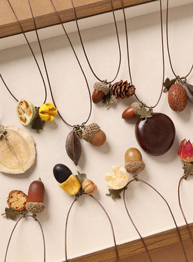 复古文艺天然植物果实项链森系简约编织长款干果毛衣链女橡果吊坠