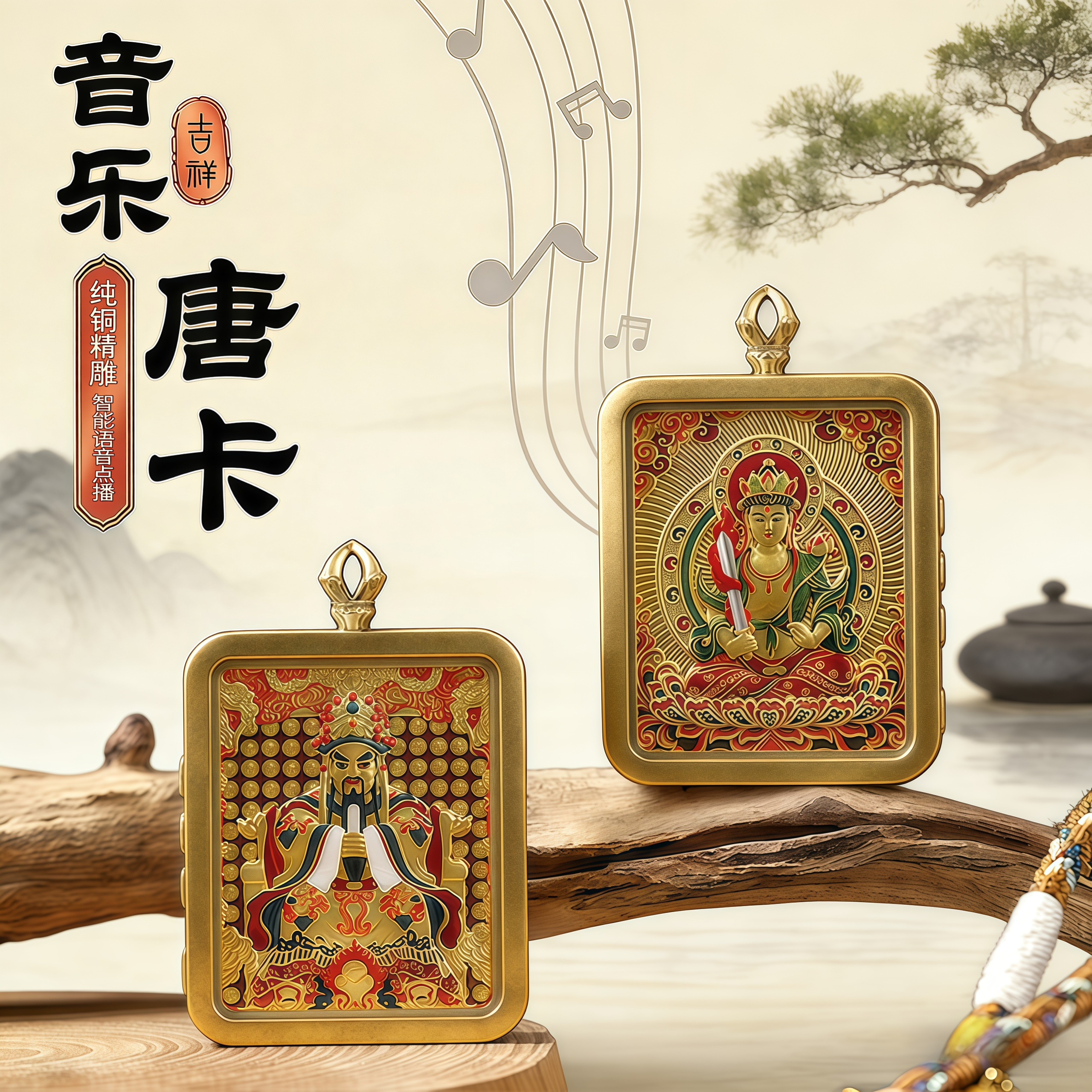 智能语音吊坠点播机纯铜浮雕音乐双面唐卡彩绘不掉色本命生肖守护