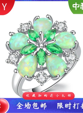 进口opal欧泊澳宝花形戒指女绿色
