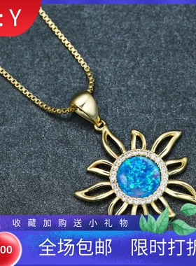 新款白金圆形蓝白澳宝边白钻太阳花镂空吊坠项链女式百搭锁骨链