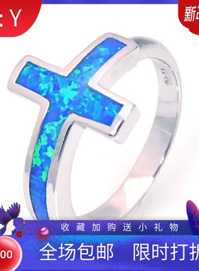 新款 亚马逊爆款 ins 风 蓝色十字架澳宝戒指欧珀戒指跨境专供