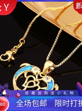 新款欧美时尚蓝色澳宝白金白澳宝两只海豚双心吊坠项链女跨境