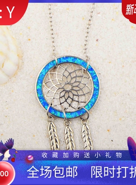 新款项链女欧美时尚饰品蓝色澳宝捕梦网项链圆形吊坠毛衣链欧珀