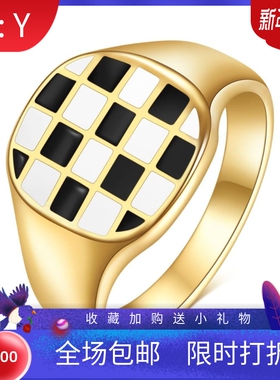 新款欧美流行时尚简约13MM四方黑白棋盘格金色戒指钛钢指环女