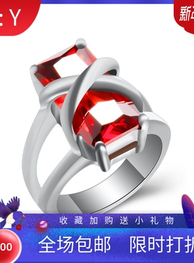新款欧美网红个性情侣戒指时尚潮流18MM交叉红色宝石不锈钢戒指女