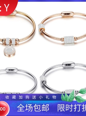 新款欧美创意ins镶钻圆形带坠个性钛钢手镯玫瑰金磁铁扣女不锈钢