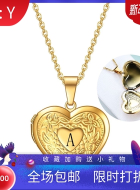 新款不锈钢个性心形花纹可打开相框纪念钛钢26个英文字母吊坠项链