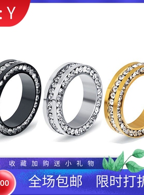 新款跨境欧美时尚6MM三面镶钻不锈钢百搭情侣戒指钛钢指环厂家女