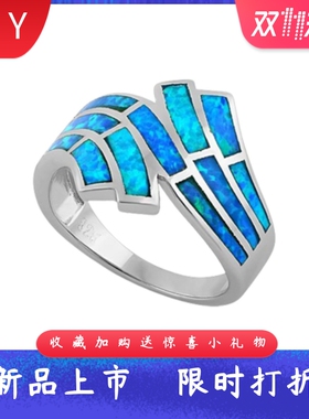 新款爆款ins风进口opal欧泊澳宝水波纹戒指 蓝色指环饰品