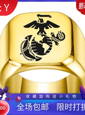 新款欧美个性海军陆战队图案钛钢戒指男复古朋克方形18MM四色潮男