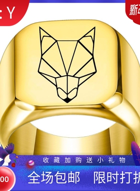新款欧美创意抽象狼头钛钢戒指复古朋克方形18MM学生潮男激光Logo